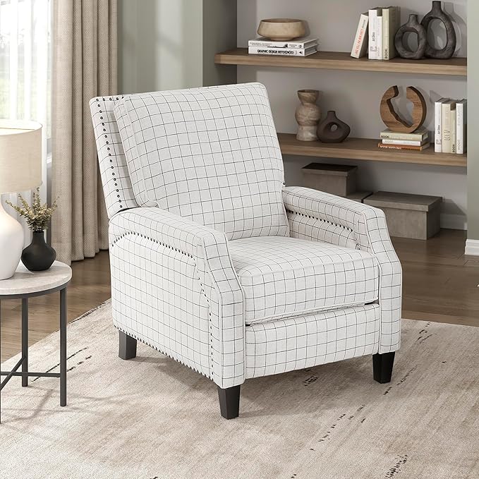 Lexicon Pushback Recliner Chair Plaid Textured Fabric Armchair Push Back Reclining Chair Nailhead Trim Solid Wood Legs Easy Assembly for Living Room/Office/Apartment Off-White