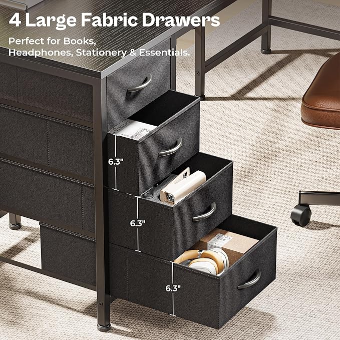 Huuger 63 Inch L Shaped Desk with Fabric Drawers Reversible Computer Gaming Desk with Power Outlets and USB-C Port Adjustable Side Storage Shelves for Work Study Corner Home Office Black