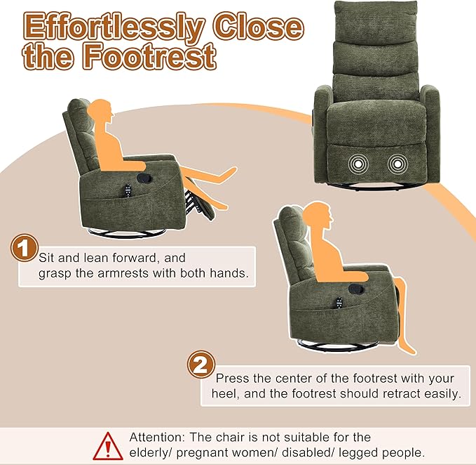 Manual Swivel Rocker Recliner Chair with Vibration Massage Overstuffed Glider Chair with Lumbar Heat for Nursery Living Room Reclining Sofa Chair Chenille Fabric Green