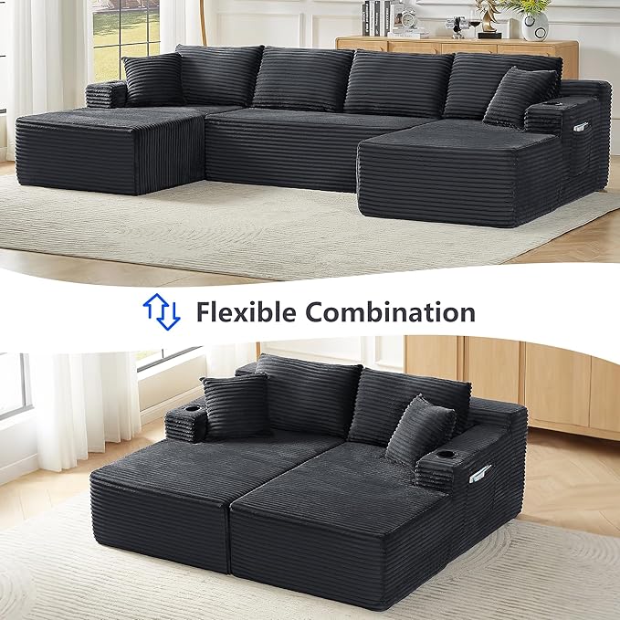 133.5 Modular Sectional Sofa with Movable Chaises Boneless Couches with Cup Holders for Living RoomOversized U Shaped Sectional Couch Modern Cloud Corner Sofa with Storage 6 Seater- Grey