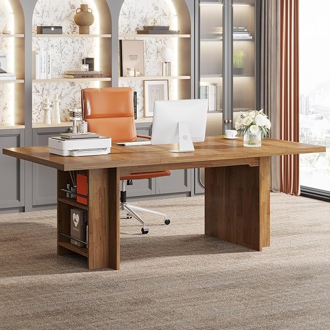 Tribesigns 62.99-Inch Computer Desk Modern Executive Office Desk with Storage Shelves Large Long Writing Table for Office Study Room Light Brown
