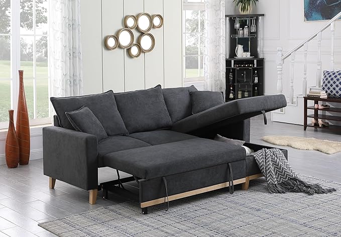 Lilola Home Colton 84.25 W Dark Gray Woven Fabric Reversible Sleeper Sectional Sofa with Pull-Out Bed and Storage Chaise – Modern L-Shaped Couch for Living Room or Apartment