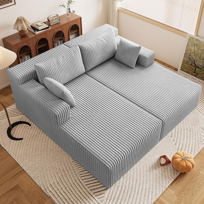 71Oversized Chaise Lounge ChairSectional Double Lounge Chaise with PillowsUpholstered Corduroy Boneless Lounge ChairFluffy Modern Loveseat Sleeper Sofa for Living Room &ampBedroom(Light Grey)