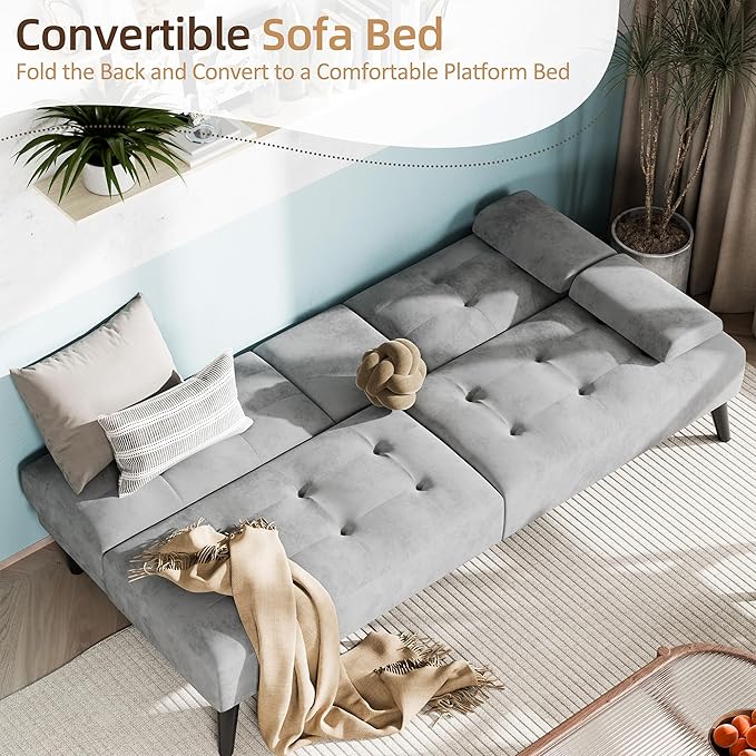 Shintenchi Futon Sofa Bed Velvet Foldable Couch Reclining Sleeper with Removable Armrests Upholstered Loveseat Sofa Couch with Folding Cup Holders for Home Office Light Gray