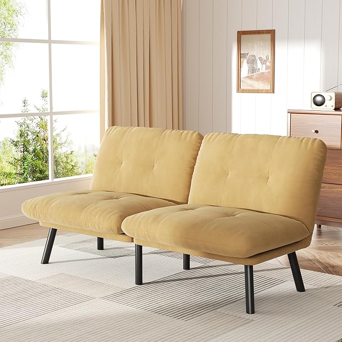 Futon Sofa Sleeper Couch Bed with Adjustable Backrest Thick Cushion Velvet Fabric for Department Living Room Lounge Sofa Loveseat (Brown)