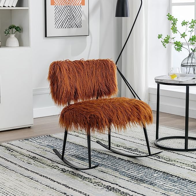 Faux Fur Rocking Chair Modern Comfy Faux Fur Accent Nursery Chair Baby Nursing Chair Accent Rocking Chair for Bedroom Living Room Home StudioNursery Room Lounge Caramel
