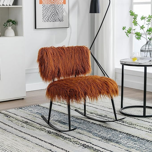 Faux Fur Rocking Chair Modern Comfy Faux Fur Accent Nursery Chair Baby Nursing Chair Accent Rocking Chair for Bedroom Living Room Home StudioNursery Room Lounge Caramel