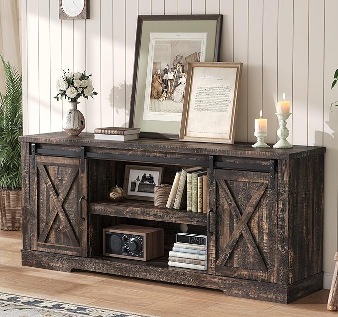 AMERLIFE 66 Farmhouse TV Stand for 75 Inches TVs Entertainment Center with Sliding Barn Door and Adjustable Shelf &amp Feet Console Table with Storage Dark Rustic Oak