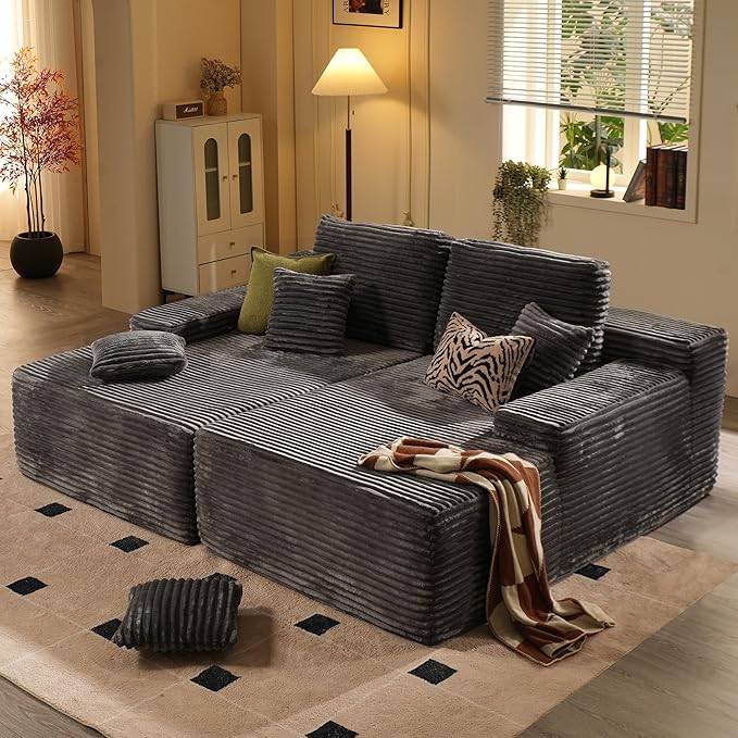 ovios 75 Oversized Sectional Double Lounge Chaise with Cloud Plush Sofa Bed No Assembly Required Fluffy Modern Sleeper Loveseat Chair for Indoor Living Room Bedroom Reading Black (Plush Fabric)