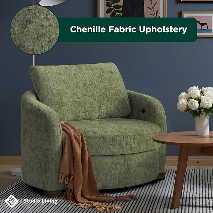 Studio Living® Manchester 44.1 Storage Chair Modern Farmhouse Pocket Coil Comfort USB A &amp C Power Easy Assembly Chenille Fabric Olive