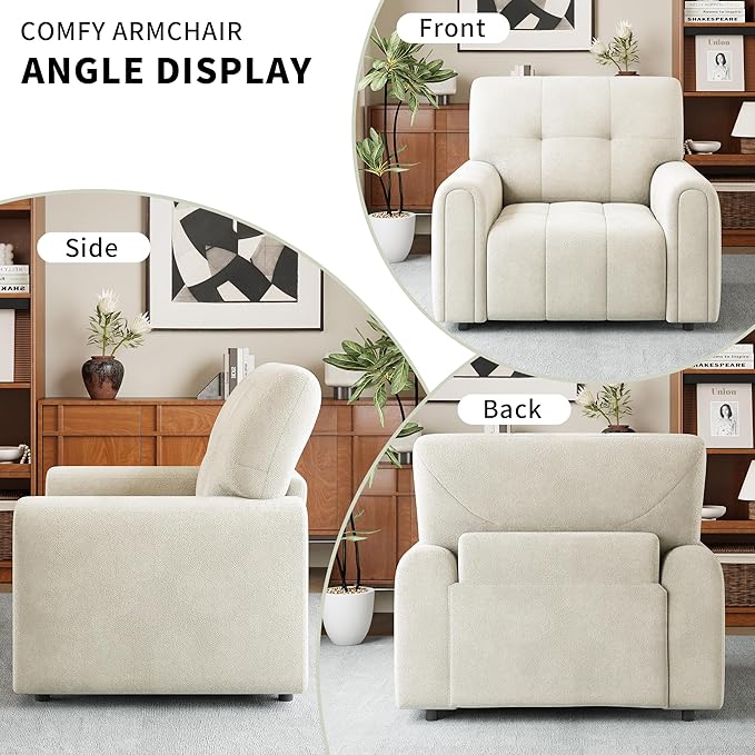 EJUNQ Mid-Century Oversized Accent ChairModern Upholstered Living Room ChairsWide Comfy Reading Chair for AdultsTraditional Single Couch Armchairs for Living Room/BedroomIvory