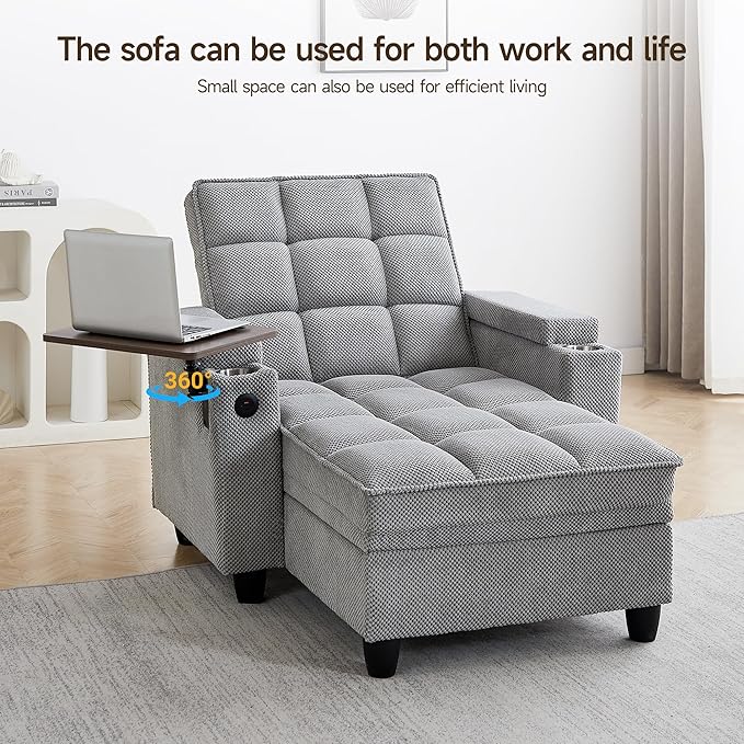 41.7 Chaise Lounge Chair Indoor Oversized Boucle Upholstered Sofa Bed Adjustable Backrest Deep Seat Reading Chair Sofas Couches for Living Room with Storage Cup Holders &amp 360° Swivel Side Tab