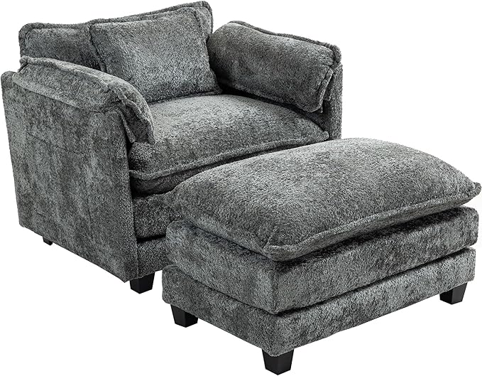 KEIKI Boucle Oversized Reading Chair with Storage &amp Ottoman 40 W Modern Accent Chair W/Double Deep Cushion Seating Comfy Upholstered Single Sofa Lounge Armchair for Living Room Bedroom Drak G