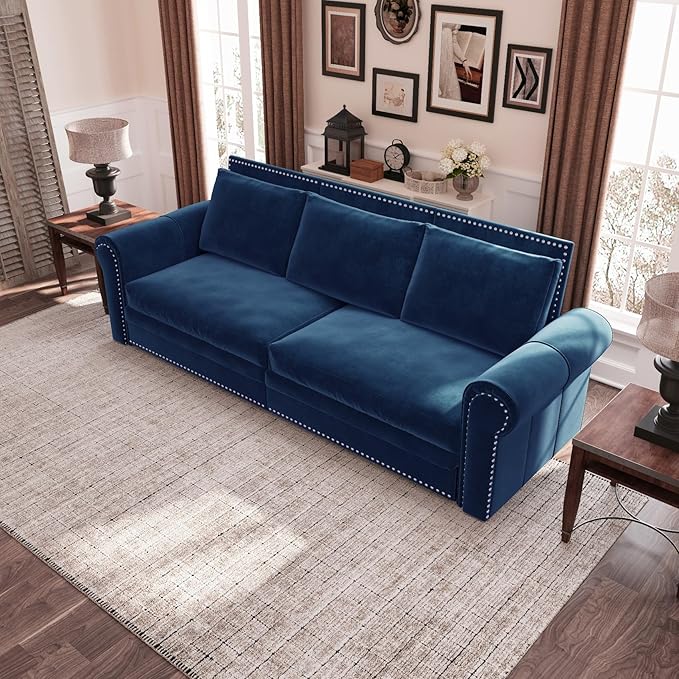93.7 King Size Chesterfield 3-seat Pull Out Sofa Bed Velvet Couch Bed with Nailhead Trim and Rolled Arm 3-in-1 Sleeper Sofa for Living Room Apartment Office Blue