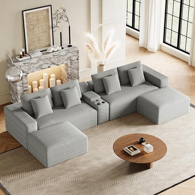 151 U Shaped Cloud Sectional Couch Modular Sofa Comfy Oversized Boneless Couches for Living Room Plush Corduroy Sectional Sofa Set with Ottoman Storage Console USB Light Grey