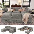 Ihanherry Oversized Sectional Sofa Bed with Storage 103 6-Seater Modular Cloud Couch with Movable Ottomans Chenille Deep Seat Sleeper Couches for Living Room (Grey)