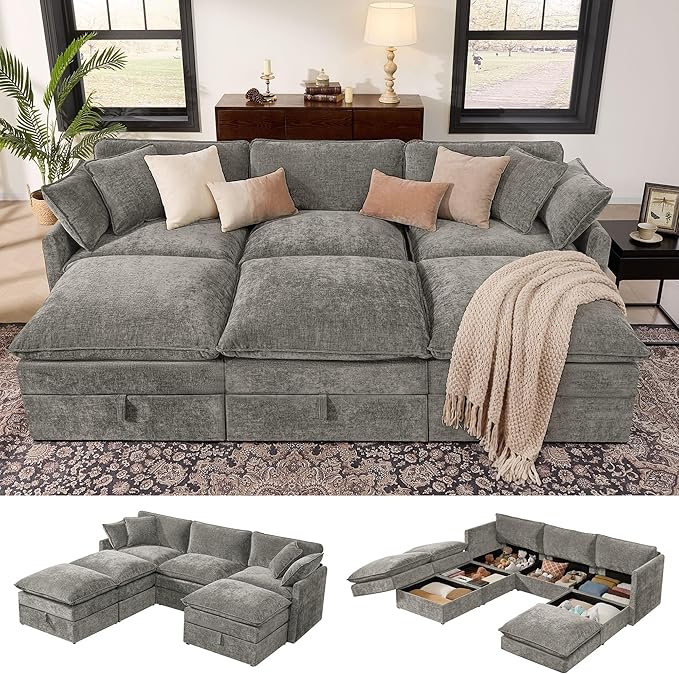 Ihanherry Oversized Sectional Sofa Bed with Storage 103 6-Seater Modular Cloud Couch with Movable Ottomans Chenille Deep Seat Sleeper Couches for Living Room (Grey)
