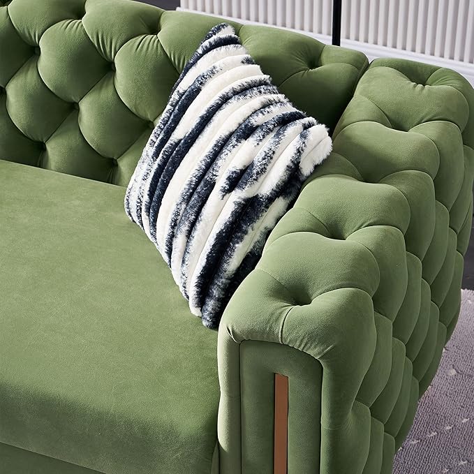 Chesterfield Modern Tufted Velvet Living Room Sofa with High Armrest and Metal Legs Decor 84.25''W 3 Seater Couch Couches Furniture for Bedroom Office (Mint Green)