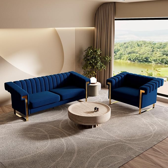 Mid-Century Modern Blue Velvet Single Sofa with Gold Metal Legs 49 Luxury Chesterfield Comfy Blue Sofa Chair for Living Room (Blue-1 Seater)