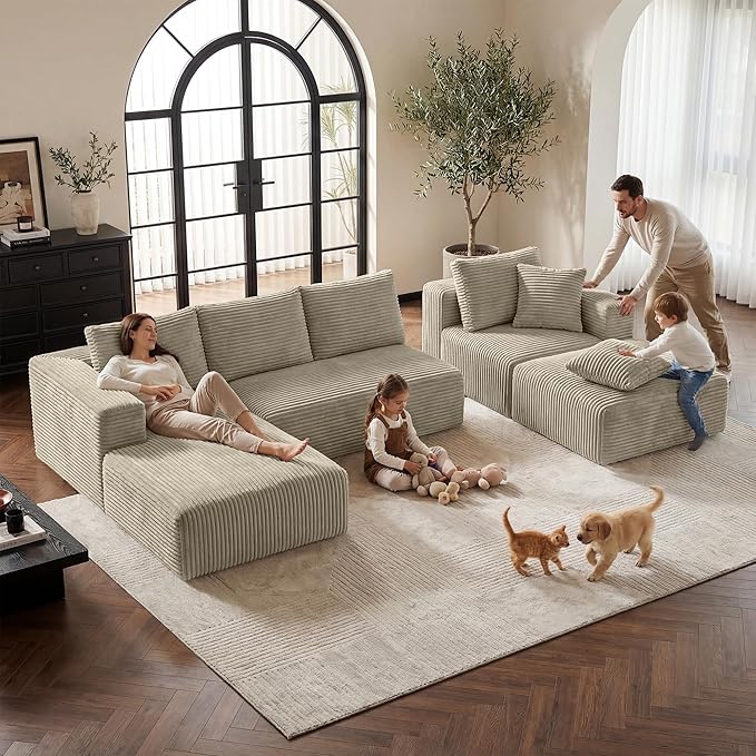 Belhome 135 Oversized Modular Sectional Sofa U-Shaped Cloud Couch with 59 Deep Seat Corduroy Boneless Couch with Convertible Chaise High-Resilience Foam Compression Sofa Camel 3 Packages