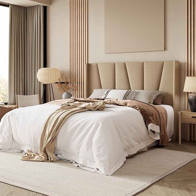 Allewie Full Size Platform Bed Frame with Geometric Wingback Headboard Boho Upholstered Bed with Wooden Slats Support No Box Spring Needed Easy Assembly Beige