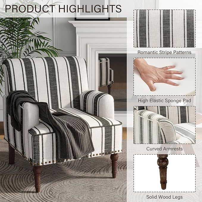 UIXE Stripe Accent Chairs Set of 2 Living Room Arm Chair Modern Nailhead Trim Club Armchair Comfy Upholstered Sofa Lounge Seat Reading Seat Bedroom Side Seating for Home Office Black
