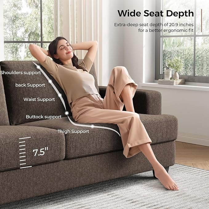 84 Inch Sofa with Extra Deep Seats Oversize Linen Fabric 2 Seater Sofa for Living RoomModern Couch and Loveseat Comfy Armrests and Seats and Backrests Easy Installation Brown