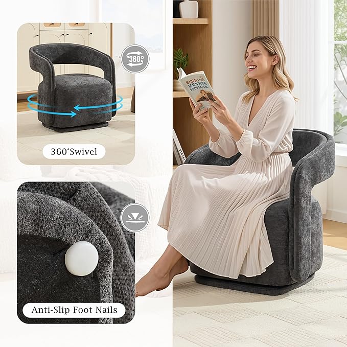 KEIKI Swivel Barrel Chair Modern Accent Chair for Office/Cafe 360° Rotation Ergonomic Design Easy Assembly Comfy Chenille Fabric