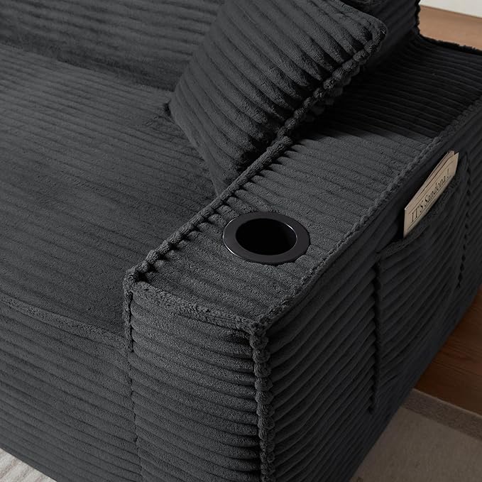 KEIKI 61 Corduroy Compressed Oversized Loveseat Sofa with Deep Seat &amp High Resilience Cushion Upholstered Boneless 2-Seater Couch with 2 Cup Holder No Assembly Required for Living Room Dark G