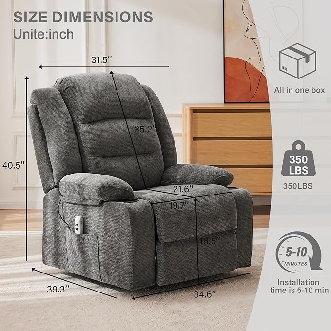 Power Recliner Chair with Cup Holders Electric Recliner Chair for Adults Living Room Reclining Chair Home Theater Seating Lounge Chair (1 Gray)