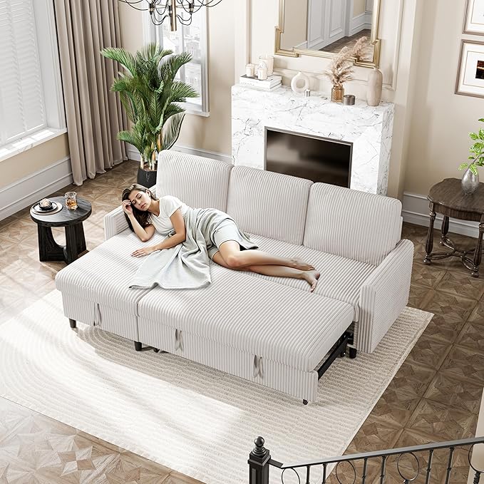 Sofa Bed Sleeper Pull Out 2 in 1 Sectional Sleeper Sofa Couches with Storage Pullout Sectional Couches for Apartment Living RoomWhite