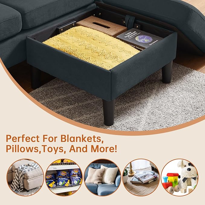 Convertible Sectional Sofa Modern L Shaped 3-seat Sofa 79 Linen Fabric Small Sectional Couch with Movable Ottoman Couch for Small Spaces Living Room (Dark Grey)
