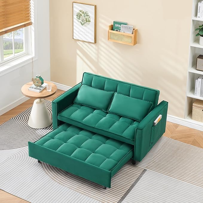 3 in 1 Convertible Sofa BedModern Velvet Loveseat Sleeper Sofa Bed with Adjustable Backrest Storage Pockets and PillowsSuitable for Living RoomGuest RoomGreen