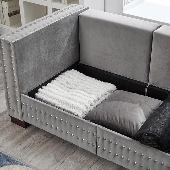 84.5 Wide 3-Seater Velvet Sofa with Storage Mid Century Modern Chesterfield Couch Upholstered Love Seat with Deep Seat &amp Retro Trim Gray Velvet Couch for Living Room Office Apartment (Grey)