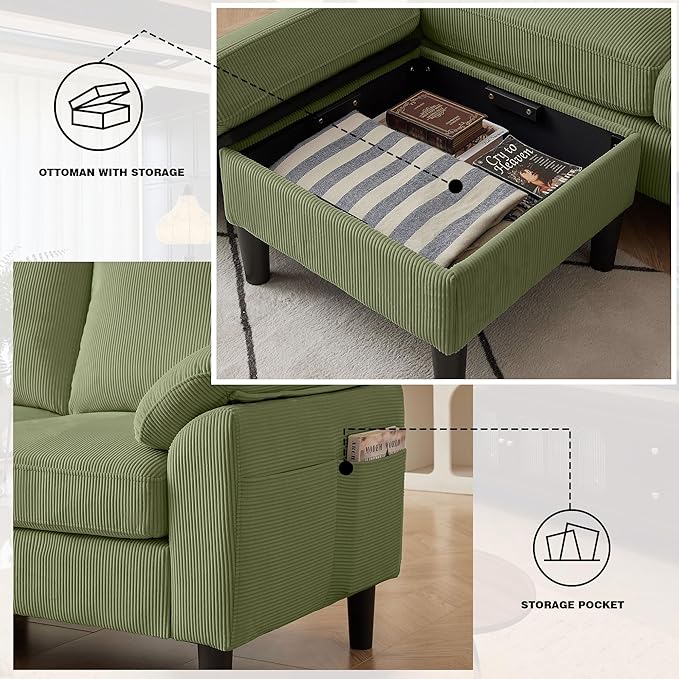 4 Pieces Corduroy Living Room Sets with Sofa Ottoman Loveseat and Chair