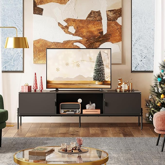 WLIVE TV Stand for 65 Inch TV Mid Century Modern Entainment Center with 2 Storage Cabinets &amp Open Shelf TV Console Table Media with Metal Legs for Living Room Bedroom Black