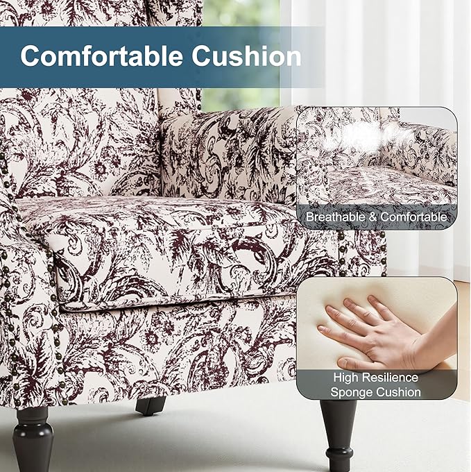 Wingback Chairs Set fo 2 High Back Floral Accent Chair in Fabric Comfy Upholstered Armchair with Nailhead Trim for Living Room Single Sofa Reading Chair for Small Spaces Bedroom-Plum