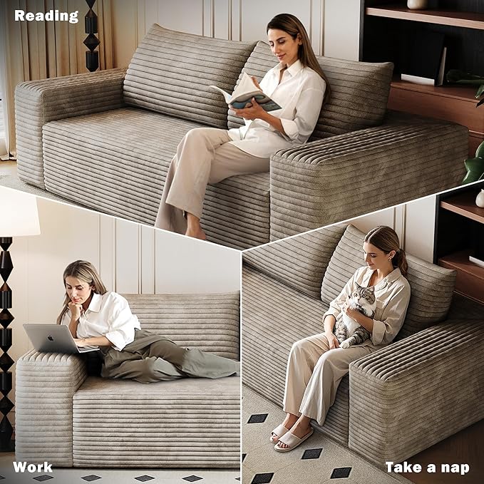 63 Small Cloud Loveseat Sofa in a Box Comfy Corduroy 2-Seater Boneless Couch Modern Deep Seat Sofa for Small Spaces Living Room &amp Apartment No Assembly Required (Camel 63 inch) | Memory Foam