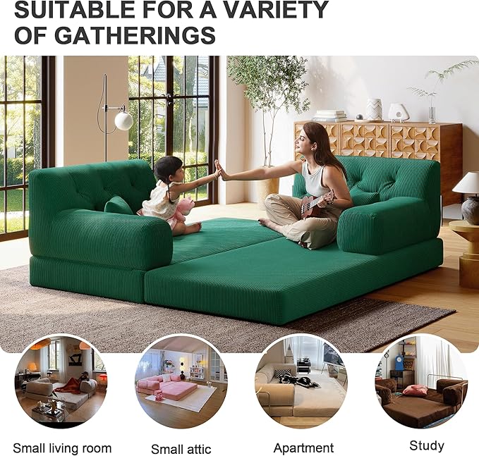 5-in-1 Folding Convertible Sofa Bed Loveseat Sleeper with Pull-Out Bed Floor Sofa Modular Futon Couch 79 Oversized Corduroy Upholstered Boneless Couch for Living Room Bedroom Lounge Green-C
