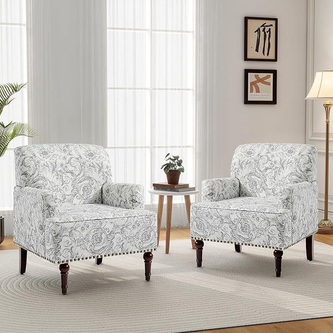 Accent Chair Mid Century Modern Comfy Armchair for Living Room Linen Fabric Single Sofa Lounge for Reading Bedroom Apartment Waiting Room with Wood Legs (Rococo Light Grey Set of 1)