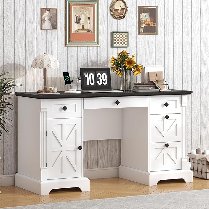Bigbiglife 55 Office Desk with Drawers Farmhouse Executive Desk with Charging Station Hidden Cabinet File Cabinet Storage Wood Computer Desk with 5 Drawers for Work Study Writing White