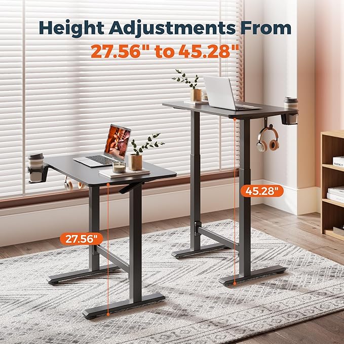 Small Pneumatic Adjustable Stand Up Desk Rolling One-Piece Standing Desk 31.5 x 19.7 Inch Home Office Desk Computer Workstation Black