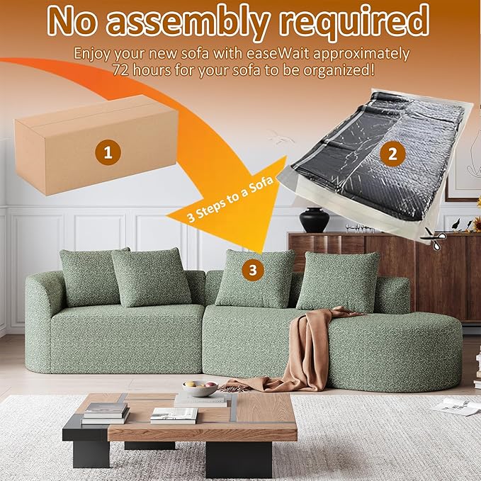 112-inch Curved Sofa Modular Sectional Modern Oversized Chenille Cloud Memory Foam Compression Boneless Sofa Couch with 4 Pillows for Living Room Bedroom Office Right Facing Chaise Green
