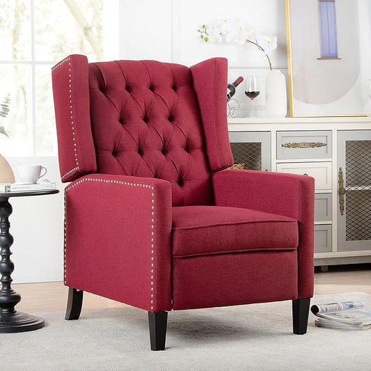 Wingback Recliner Chair Fabric Living Room Chairs Modern High Back Accent Chair Comfy Reading Chair Tufted Wing Back Chairs with Arms for Bedroom Office 27.16 Wide Wine Red