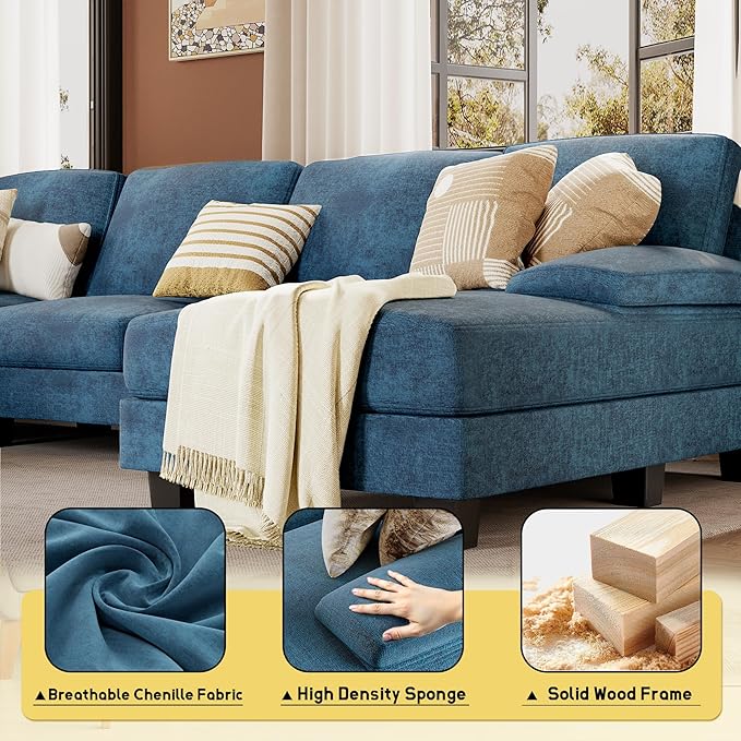 JUMMICO Sectional Couches for Living Room U Shaped Couch with Chenille Fabric 4 Seat Modern Sofa with Removable Pillows for Apartment and Small Space (Fabric Blue)