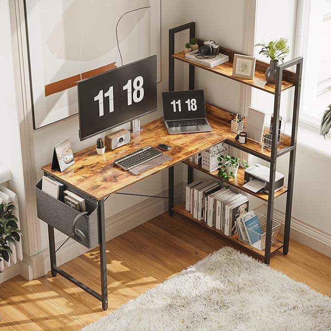 Treesland 47 Inch Computer Desk with Bookshelf Corner Desk with Storage L Shaped Desk Home Office Desks Writing Study Desk for Bedroom Brown