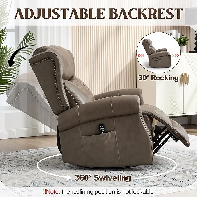 Manual Rocker Swivel Recliner Chair for Adults Vibration Massage Reclining Glider Chair with Lumbar Heat Rivet Design Single Sofa for Living Room Genuine Leather Camel Brown