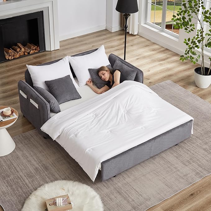 Ball &amp Cast 66 Convertible Sofa Bed3-in-1 Corduroy Loveseat Sleeper Pull Out Couch Bed with Pillows and Side Pockets Deep Seat Comfy Sofa Couches for Living RoomApartmentGrey