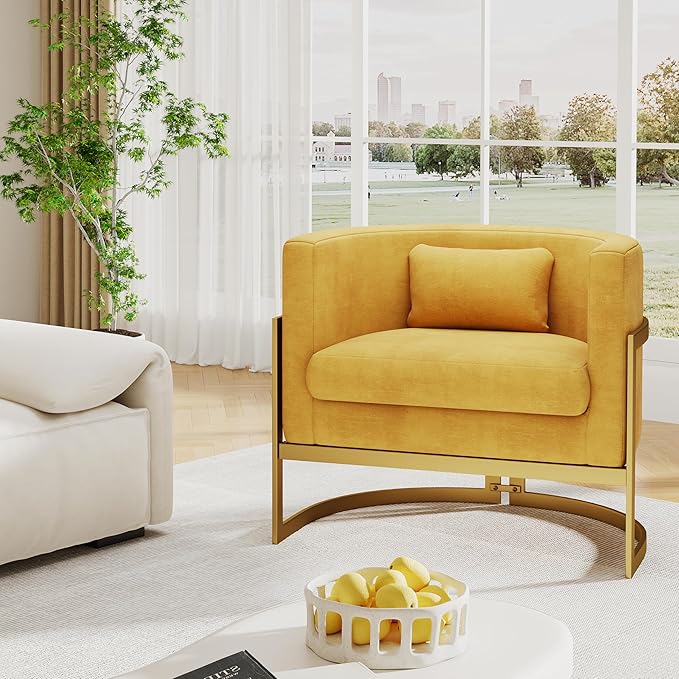 Alunaune Upholstered Velvet Living Room Chair Barrel Accent Chair Modern Armchair Mid Century Lounge Chair Sofa Tub Bucket Club Side Chair for Bedroom-Yellow