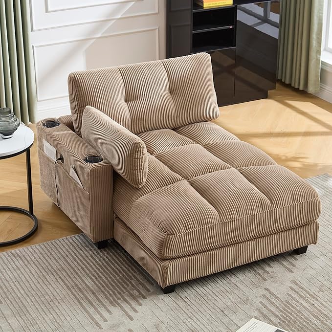 Oversized Lounge Chaise Convertible Sleeper Sofabed Corduroy Sleeper Daybed Indoor Recliner Chair Sofa Bed with Cupholders and Adjustable Headrests for Living Room Bedroom Reading Home Apartment